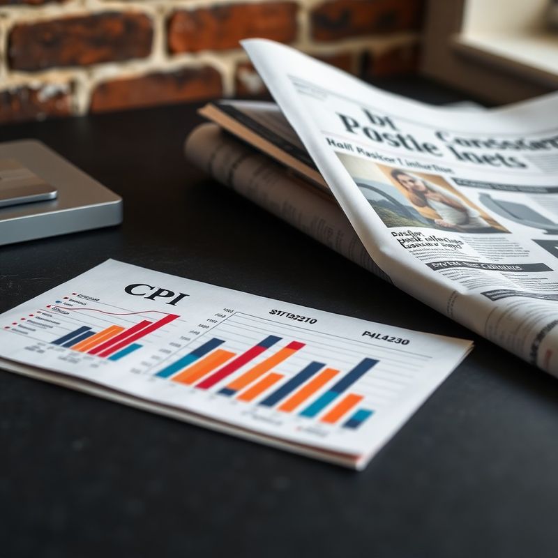 Wydrukowane wykresy CPI i nagłówek polskiej gazety na łupkowym biurku